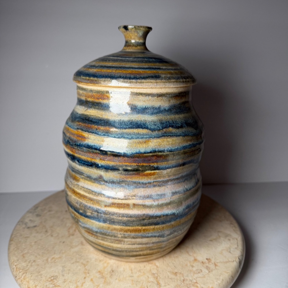 Vintage Retro Earthy Studio Pottery Lidded Jar 9" Blue Tan Striped Stoneware 70s